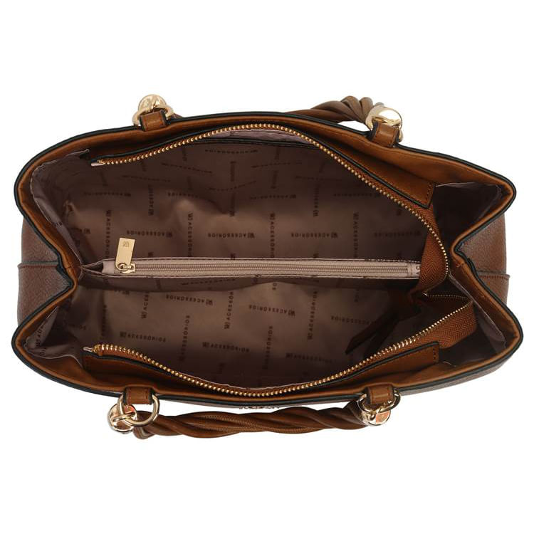 Interior da bolsa WJ mostrando forro estampado e divisória central com zíper